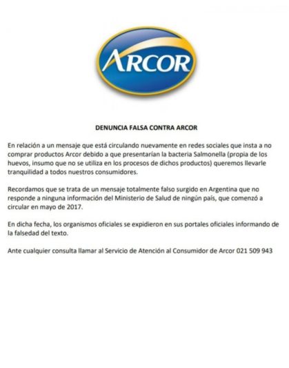 Arcor y Anmat salieron a desmentir aparición de Salmonella