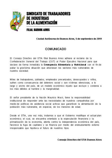 comunicado alimentacion emergencia alimentaria