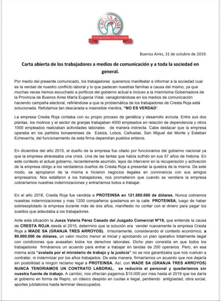 comunicado trabajadores cresta roja