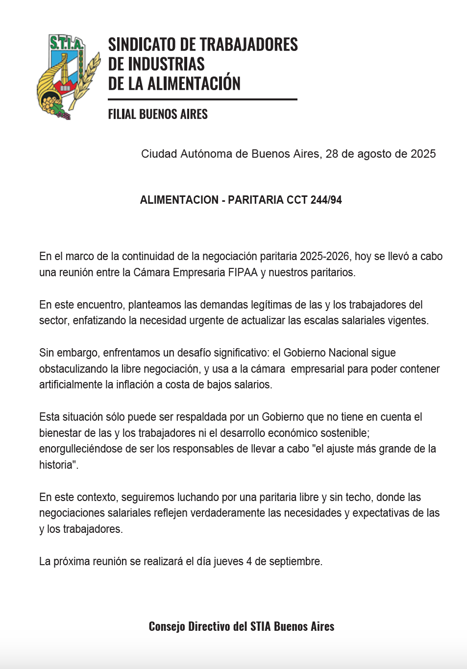comunicado paritaria Alimentación