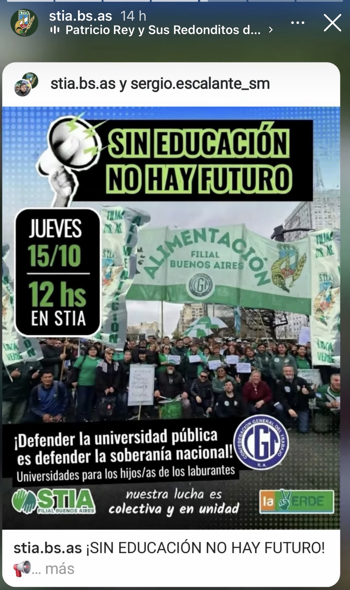 Convocatoria de STIA Buenos Aires a la marcha universitaria del 15 de octubre, con concentración a las 12 en el sindicato.