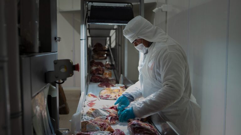 Una persona con indumentaria sanitaria y guantes manipula cortes de carne envasados en una línea industrial.