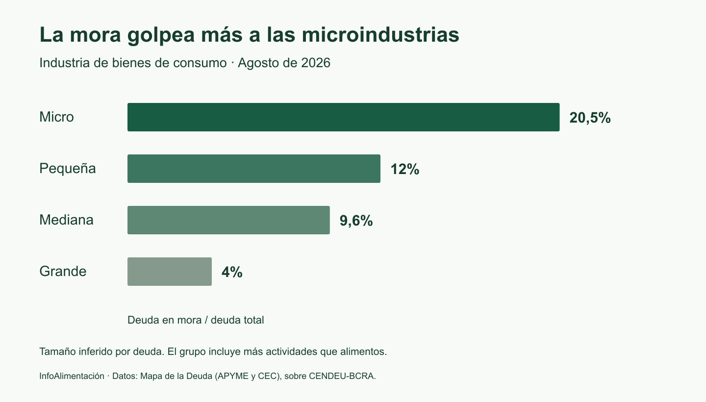 Mora por monto en industrias de bienes de consumo en agosto de 2026: micro 20,5%, pequeñas 12%, medianas 9,6% y grandes 4%. Tamaño inferido por deuda.